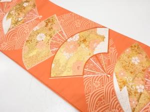 扇に牡丹・菊・梅模様織り出し　袋帯